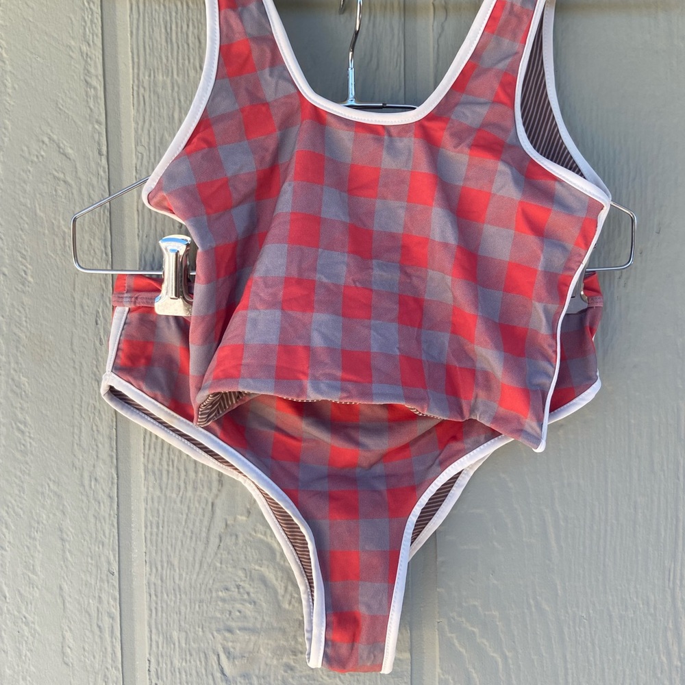 Acacia swimwear checkered gingham red & grey two 2 piece set- bikini swimsuit - Picture 2 of 14